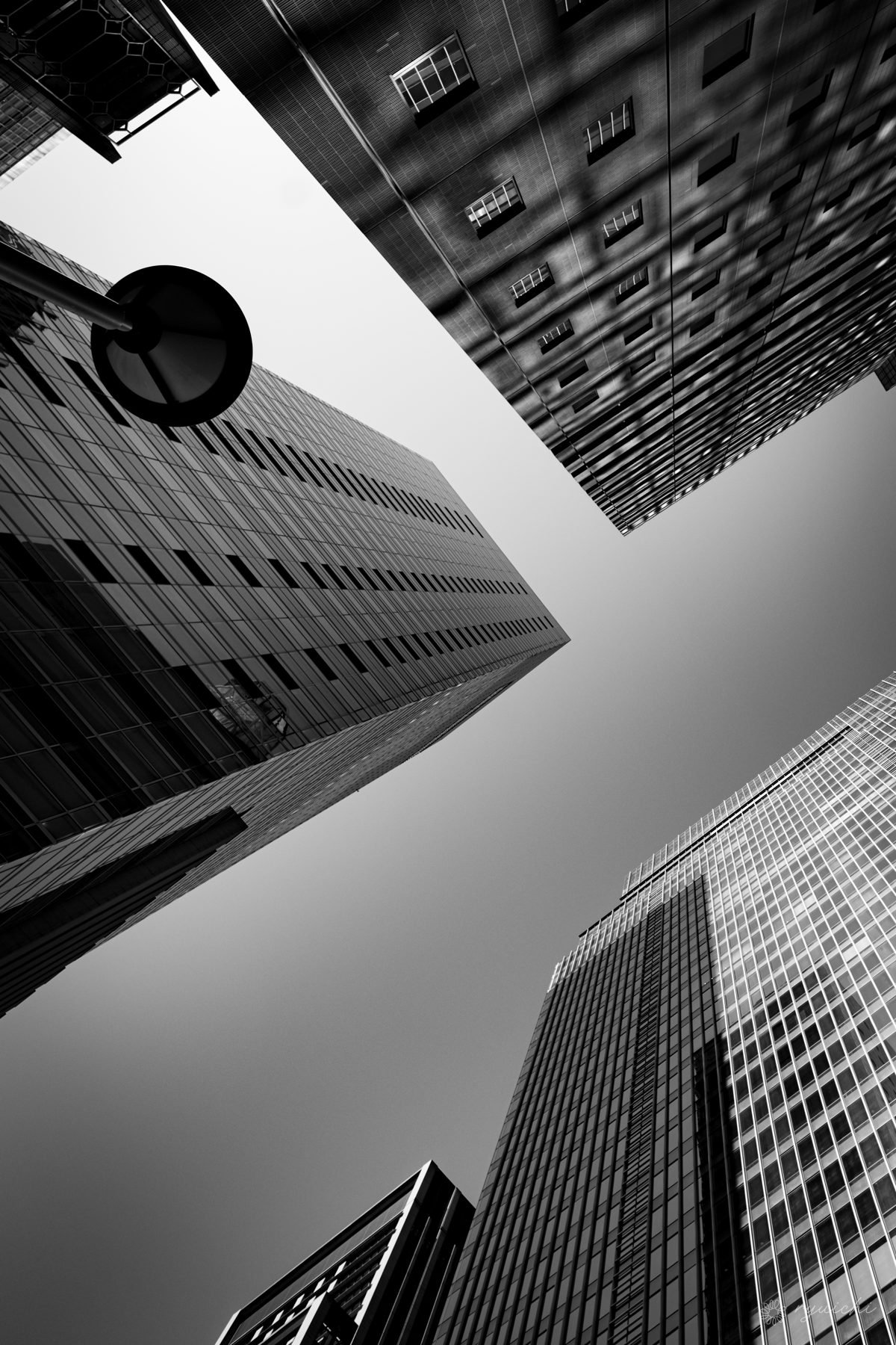 Skyscrapers converging overhead in monochrome