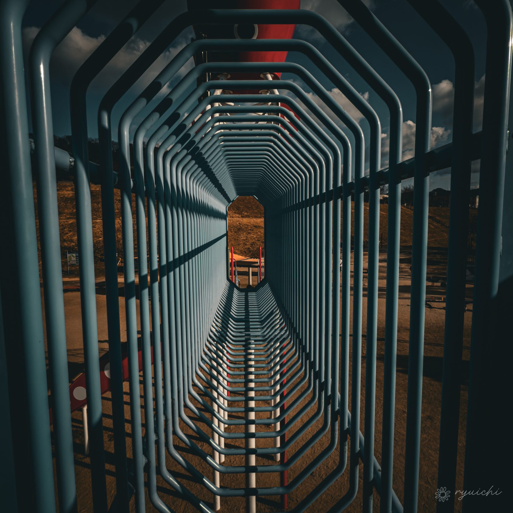 A tunnel of repeating steel frames